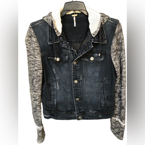 FREE PEOPLE Distressed Denim Jacket With Knit Sleeves & Hood  Size S Jean Jacket
